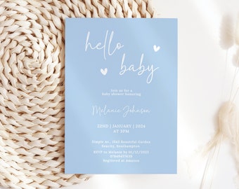 Editable Baby Shower Blue Invitation | Baby Shower Boy Invitation | Hello Baby Blue Minimalist Invitation