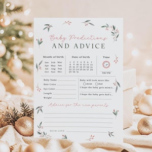 Kaartsjabloon kerstbabyshower voorspellingen en advies, bewerkbaar babyshowerspel, winterbabyvoorspelling CH-608