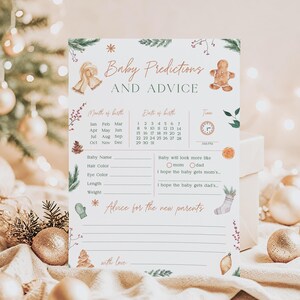 Kaartsjabloon winterbaby voorspellingen en advies, bewerkbare kerst babyshower meisje, kaart kerstvoorspelling december M-2165