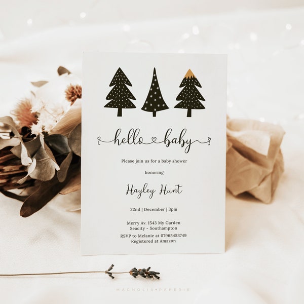 Christmas Baby Shower Invitations  | Winter Holiday Hello Baby Christmas Invitation  | Minimalist Christmas Party Template C-1