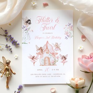 May include: A charming birthday invitation with the words "Flutter & Twirl" and "Harper's 2nd Birthday". The design features illustrations of fairies, a fairy house, and floral accents in soft pink and purple. The event is on April 10th, 2-4 PM.