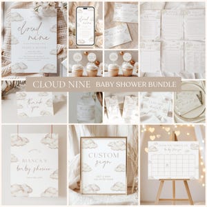 On Cloud Nine Neutral Baby Shower Bundle Templates, Editable Beige Baby Shower Package, We're on Cloud 9 Printable Baby Shower C-10F2
