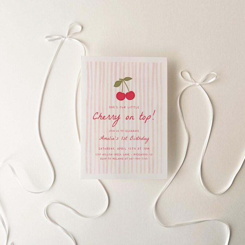 Cherry on Top 1st Birthday Invitation, Editable Girl Birthday Party Invite, Sweet Cherry Theme, Printable First Birthday Invite on Etsy - Image 4