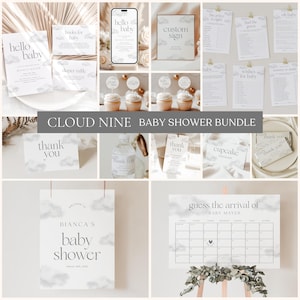 On Cloud Nine Baby Shower Bundle Templates, Editable Grey Baby Shower Package, We&#39;re on Cloud 9 Printable Baby Shower G-56E