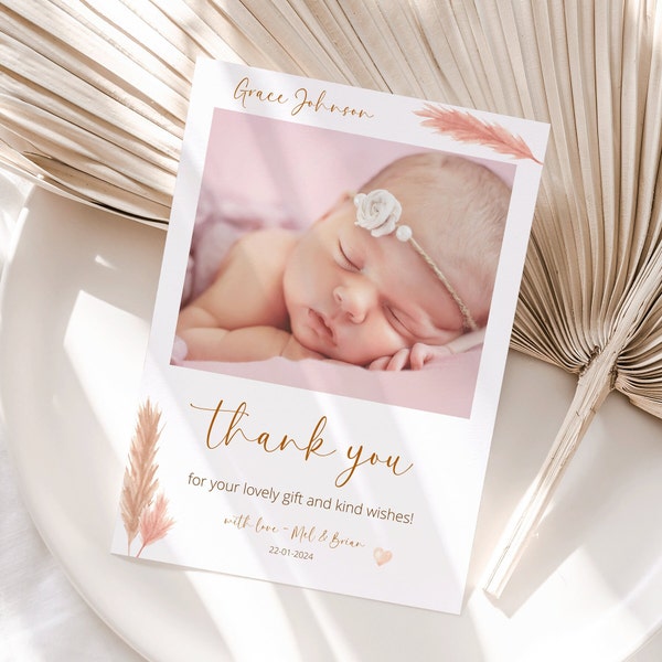 Boho Photo Thank You Card for Newborn Baby with Name  | Girl Baby Announcement Photo Card  | Thank You Cards Boho