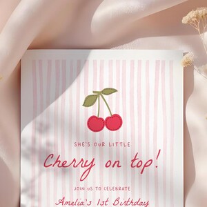 Cherry on Top 1st Birthday Invitation, Editable Girl Birthday Party Invite, Sweet Cherry Theme, Printable First Birthday Invite on Etsy - Image 5