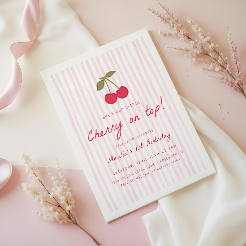 Cherry on Top 1st Birthday Invitation, Editable Girl Birthday Party Invite, Sweet Cherry Theme, Printable First Birthday Invite on Etsy - Image 3