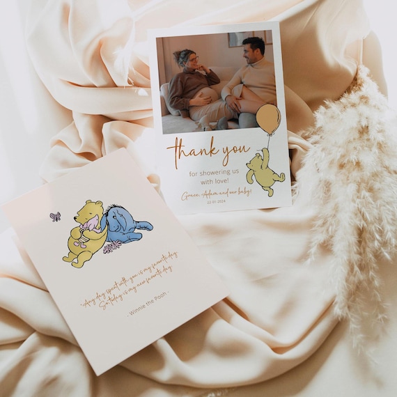Winnie the Pooh Photo Thank You Card: Editable Baby Shower Note (Digital Design)
