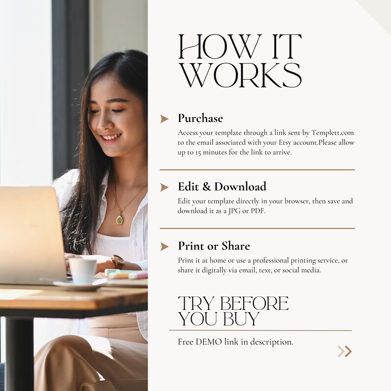 May include: A woman using a laptop with text that reads "HOW IT WORKS" and instructions for purchasing, editing, and printing templates. The text also includes "TRY BEFORE YOU BUY" and a link to a demo.
