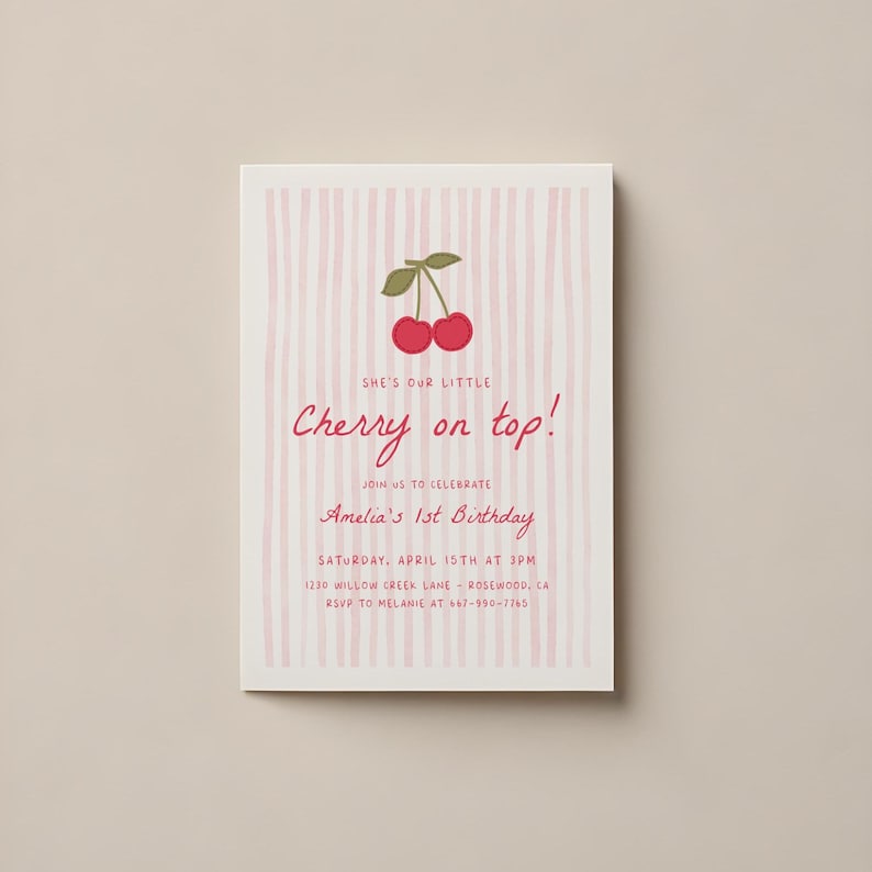 Cherry on Top 1st Birthday Invitation, Editable Girl Birthday Party Invite, Sweet Cherry Theme, Printable First Birthday Invite on Etsy - Image 1