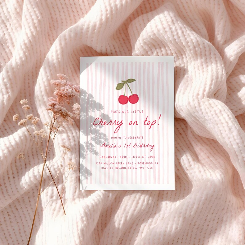Cherry on Top 1st Birthday Invitation, Editable Girl Birthday Party Invite, Sweet Cherry Theme, Printable First Birthday Invite on Etsy - Image 2