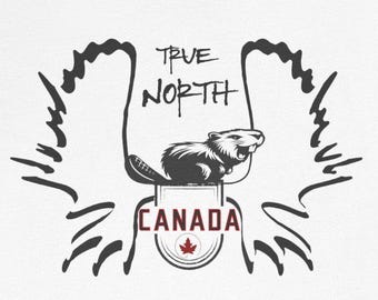 May include: A white t-shirt with a black graphic design featuring a beaver, wings, and the text "TRUE NORTH CANADA".