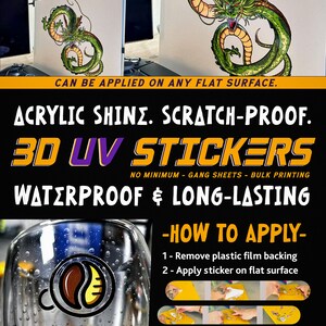 May include: A green, yellow and black 3D UV sticker of a dragon. The sticker is on a white surface. The text "FUTURE TRANSFERS" is in yellow and black. The text "ACRYLIC SHINE. SCRATCH-PROOF. 3D UV STICKERS" is in purple and black. The text "WATERPROOF & LONG-LASTING" is in white and black. The text "HOW TO APPLY" is in black. The text "1 - Remove plastic film backing" is in black. The text "2 - Apply sticker on flat surface" is in black. The text "3 - Apply heavy pressure on sticker" is in black. The text "4 - Remove film & watch it glow!" is in black. The text "WWW.FUTURETRANSFERS.CO.UK" is in yellow and black.