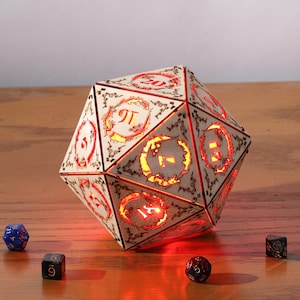 Dragon DnD Dice Lamp: D20 D12 D10 D8 D6 D4, Gaming Room Decor, Cordless RGB Wooden Lamp, Personalized Dungeons & Dragons Player Gift