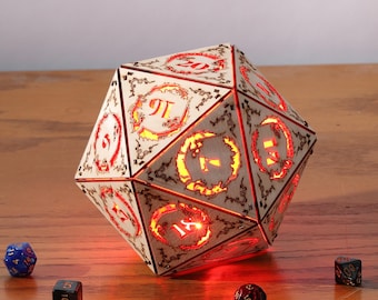 Dragon DnD Dice Lamp: D20 D12 D10 D8 D6 D4, Gaming Room Decor, Cordless RGB Wooden Lamp, Personalized Dungeons & Dragons Player Gift