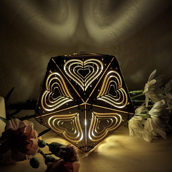 Icosahedron Heart Lamp, Walnut or Birch Wood, Valentines Day Gift