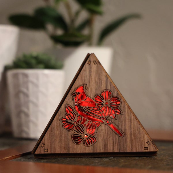 Memorial Cardinal Cordless LED Accent Lamp, Cardinal Pyramid RGB Light Art Piece, Bird Themed Wooden Decor, Bird Lovers Remembrance Gift