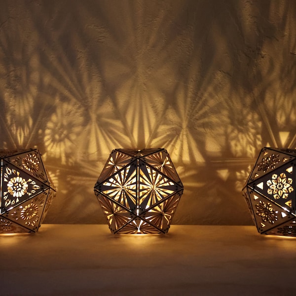 Wood Shadow Lamp, Mandala Decor For Shelf, Geometric Lantern, Cordless Nightstand Light, D20 Prism, Wooden Table Lamp, Wood Decor For Office
