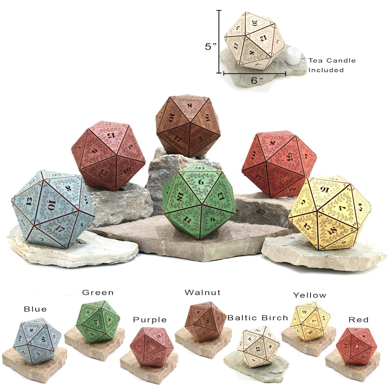 May include: A collection of multi-faceted, decorative dice in various colors, including blue, green, purple, walnut, Baltic birch, yellow, and red. Each die is approximately 5 inches tall and 6 inches wide, with numbers and leaf designs.
