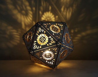 Geometric Wood Shadow Lamp: Mandala Decor, D20 Icosahedron Lantern