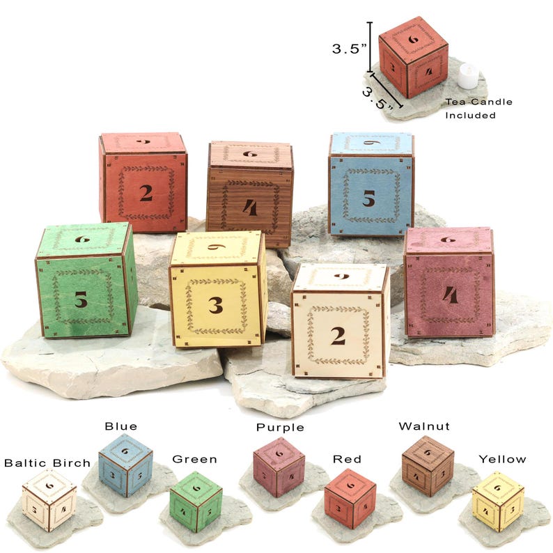 May include: A collection of wooden cube-shaped candle holders in various colors, each with a different number from 2 to 6. The cubes are approximately 3.5 inches on each side. A tea candle is included.