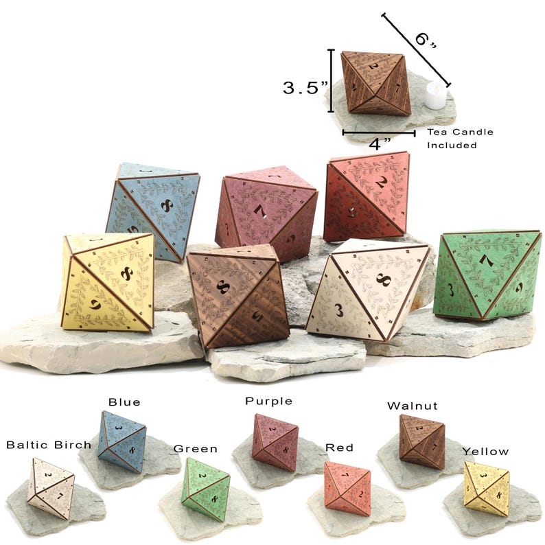 May include: Geometric wooden candle holders in various colors, including blue, purple, and walnut. Each holder is approximately 3.5 inches tall and 4 inches wide, with a tea candle included. The design features etched leaf patterns and numbers.