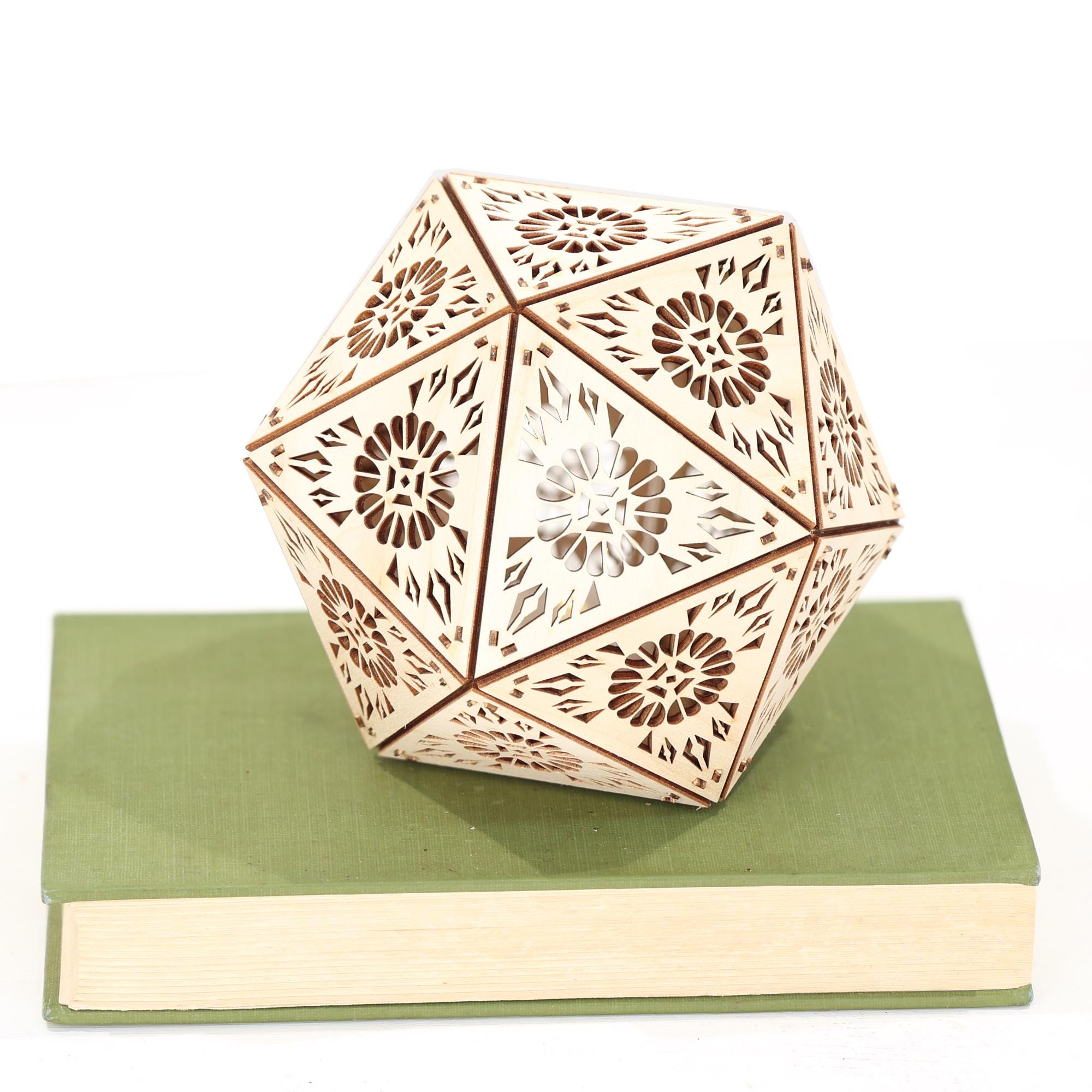 Geometric Wood Shadow Lamp: Mandala Decor, D20 Icosahedron Lantern