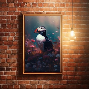Atlantic Puffin Poster of a Beautiful Seabird in a flowery meadow. Unique bird art, animal lovers gift. High resolution Digital Download