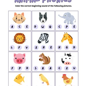 Beginner Phonics Animal Names Worksheet for Preschool