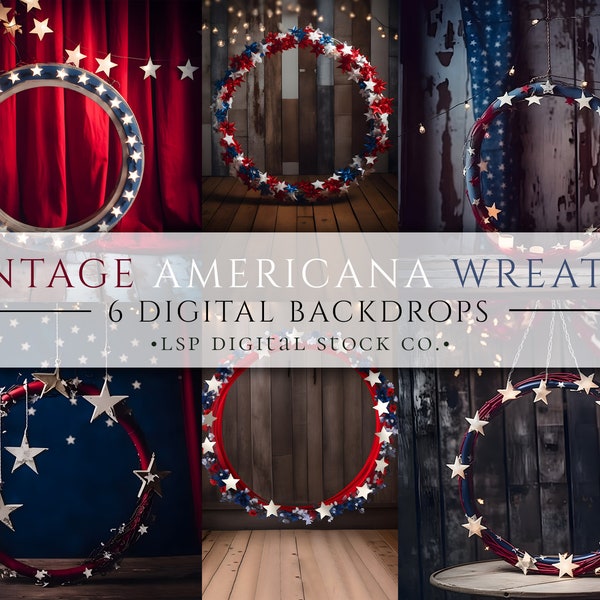 6 Vintage Americana Wreaths for July 4th, Memorial Day, Maternity Backdrops, Studio Backdrops, Fine Art Textures, Photoshop Overlay
