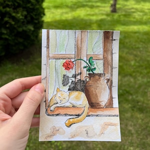 Watercolor Cat by the Window – Cozy Handmade Art Postcard