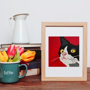 Hand-Painted Tuxedo Cat Portrait on Canvas - Minimalist Cat Art - Small Pet Painting