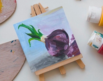 Handbemalte Mini Leinwand Lila Zwiebel Acrylmalerei - Gemüsekunst - Küchendeko