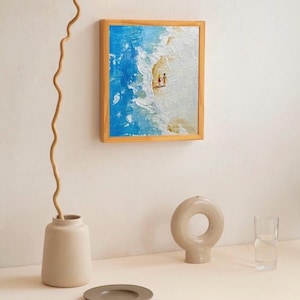 Mini Abstract Beach Painting – Hand-Painted Coastal Artwork with Tiny Figures