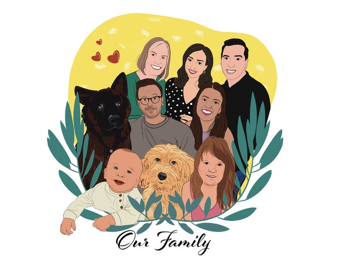 Couple Portrait Illustration with Pets|Custom Couple Portrait|Family Portrait with Pets|Personalized Gift|Custom Portrait|Anniversary Gift