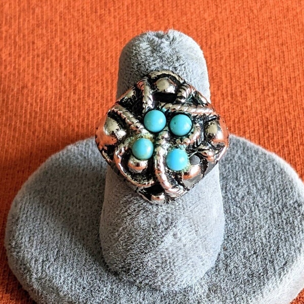 Vintage 70s Avon ring silver tone turquoise beads 1973 Sierra southwest hippie witchy jewelry