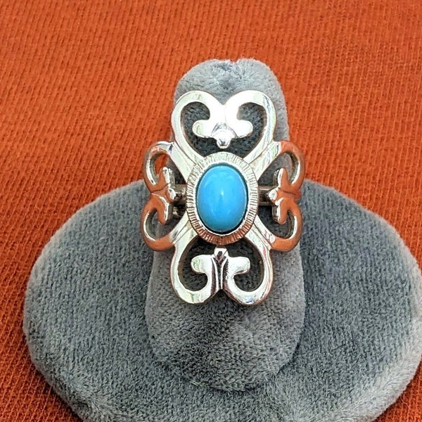 Vintage 70s Sarah Coventry ring blue turquoise like stone silver scrolls filigree 1974 Moon Cloud