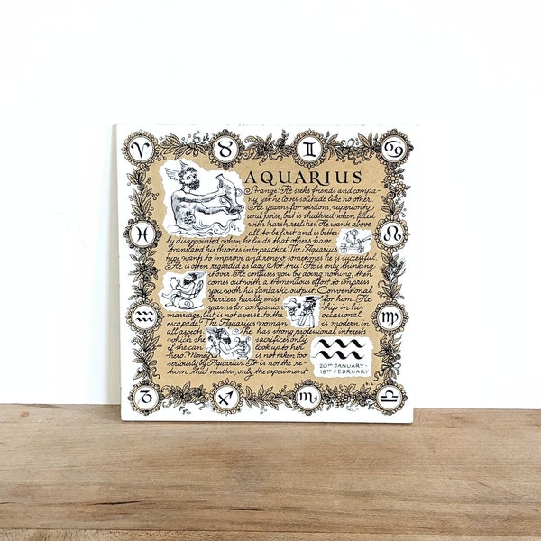 Vintage Aquarius tile trivet horoscope astrology goblincore birthday gift January and February