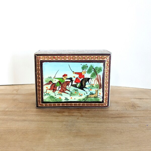 Persian Khatam Wood Trinket jewelry Box Hand Made Inlaid With Hunting Scene middle eastern polo players