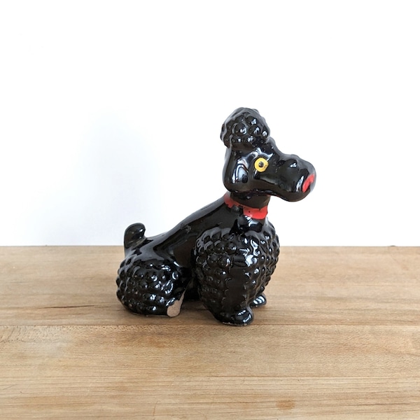 Vintage 1960s black poodle figurine redware mid century small statue red collar