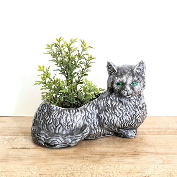 Vintage ceramic cat planter gray with green eyes vase figurine statue