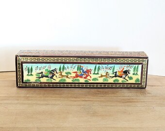 Persian Khatam Wood Trinket jewelry Box Hand Made Inlaid With Hunting Scene middle eastern long rectangle