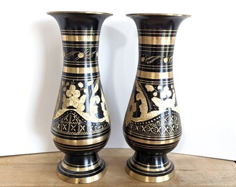 Vintage pair of brass vases set of two black enamel etched vase Victorian Goth gothcore