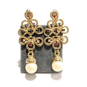 Vintage clip on earrings large big dangle drop faux pearl gold tone scroll rhinestones