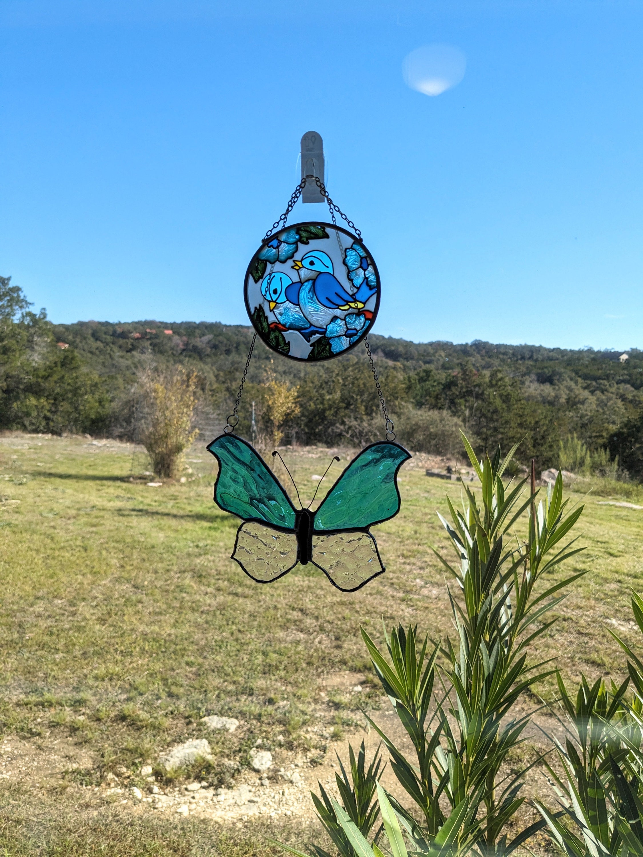 Vintage Stained Glass Suncatcher Lot Blue Butterfly Birds Etsy