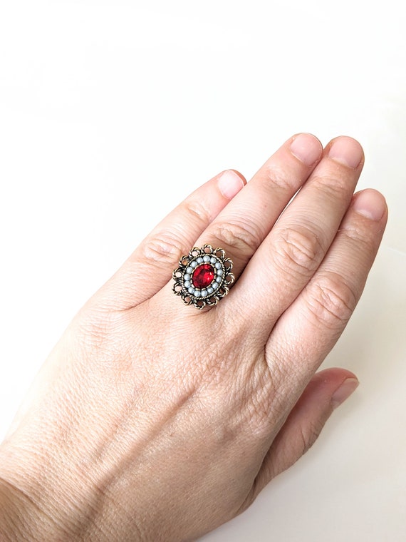 Vintage 70s Sarah Coventry ring red stone rhinest… - image 7