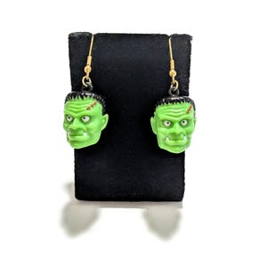 Vintage RUSS Halloween Earrings green Frankenstein Monster dangle jewelry