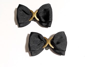 Vintage black bow shoe clips gold tone metal accent