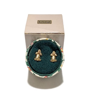 Vintage Avon Jingle Bell Earrings: 1988 Gold Tone Rhinestone Studs