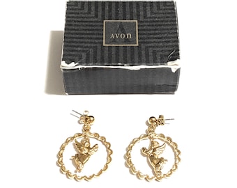 Vintage 90s Avon Christmas earrings Soaring Angel 1992 gold tone with original box